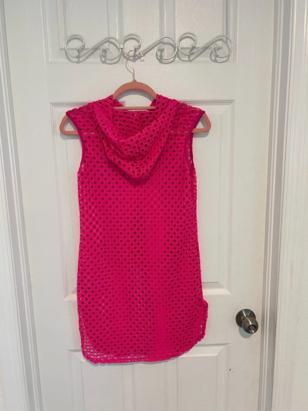 Cotton Candy Hot Pink Hooded Crochet Beach Coverup Size S - Picture 2 of 7